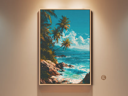Framed beach artwork featuring a tropical ocean view. The painting captures the beauty of palm trees and turquoise water. This framed canvas art is a stunning piece. Perfect for coastal decor and adding a touch of paradise to any room.