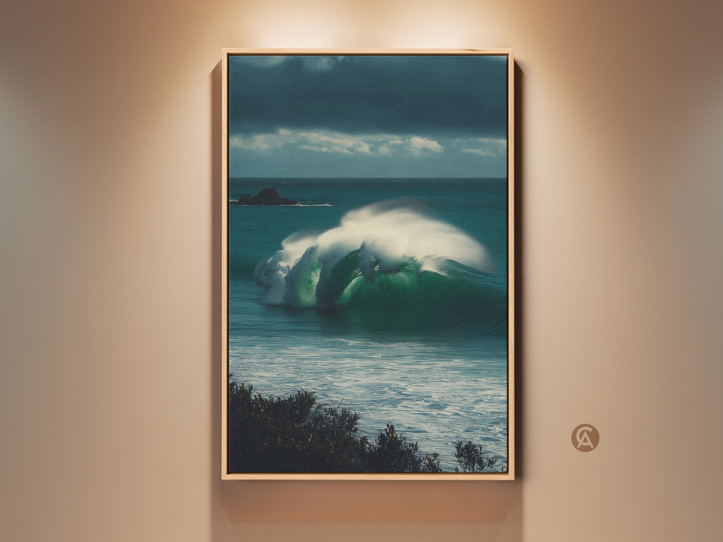 Framed Coastal Ocean Wave Canvas Artwork. This deep blue & emerald green seascape print features a realistic wave crashing near coastal rocks. A Surfer's Gift and perfect bedroom wall decor.