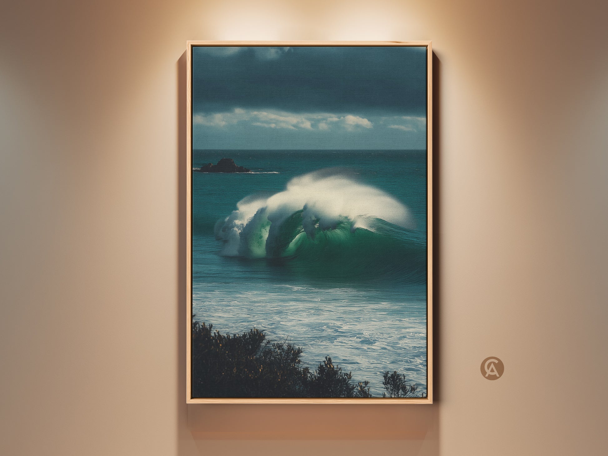 Framed Coastal Ocean Wave Canvas Artwork. This deep blue & emerald green seascape print features a realistic wave crashing near coastal rocks. A Surfer's Gift and perfect bedroom wall decor.