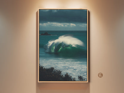 Framed Coastal Ocean Wave Canvas Artwork. This deep blue & emerald green seascape print features a realistic wave crashing near coastal rocks. A Surfer's Gift and perfect bedroom wall decor.