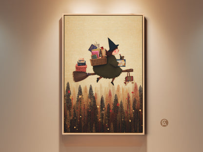 Kids Room Art Print featuring a whimsical Witch Flying with Books. This Halloween Decor piece showcases Eclectic Folk Art in an Olive Green Forest Wall Art style. The artwork adds magic to any room.