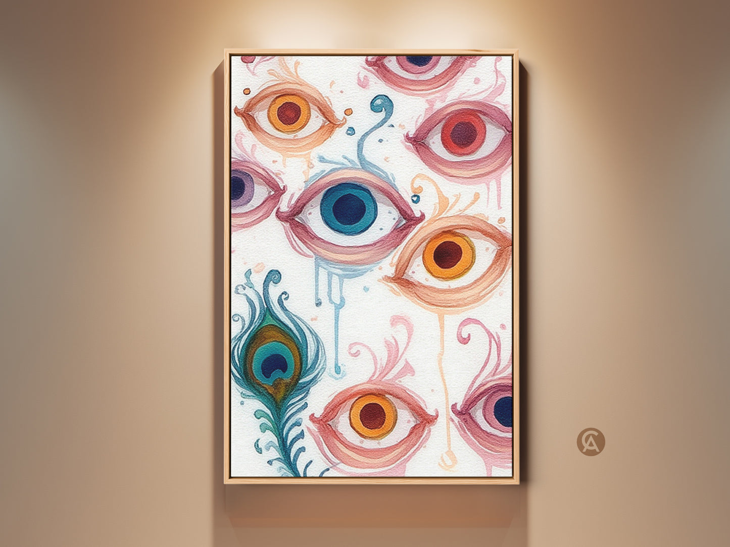 Gallery view of Peacock Feather & Eye Canvas artwork. Abstract floral swirls create a surreal scene. The coral orange and teal palette adds an eclectic touch. Perfect wall decor for a trendy bedroom.