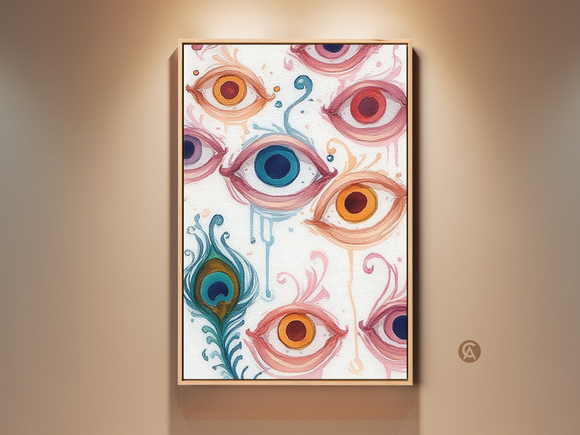 Gallery view of Peacock Feather & Eye Canvas artwork. Abstract floral swirls create a surreal scene. The coral orange and teal palette adds an eclectic touch. Perfect wall decor for a trendy bedroom.