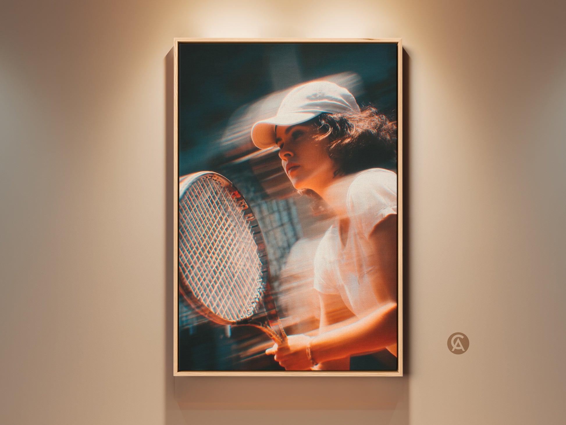 Framed artwork of a tennis player in motion. The art captures the intensity of the game. The player wears a white cap and swings her racket. Add a touch of athleticism to your space with this compelling piece. Shop now to elevate your decor.