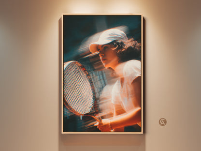 Framed artwork of a tennis player in motion. The art captures the intensity of the game. The player wears a white cap and swings her racket. Add a touch of athleticism to your space with this compelling piece. Shop now to elevate your decor.