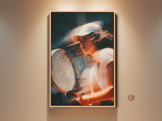Framed artwork of a tennis player in motion. The art captures the intensity of the game. The player wears a white cap and swings her racket. Add a touch of athleticism to your space with this compelling piece. Shop now to elevate your decor.