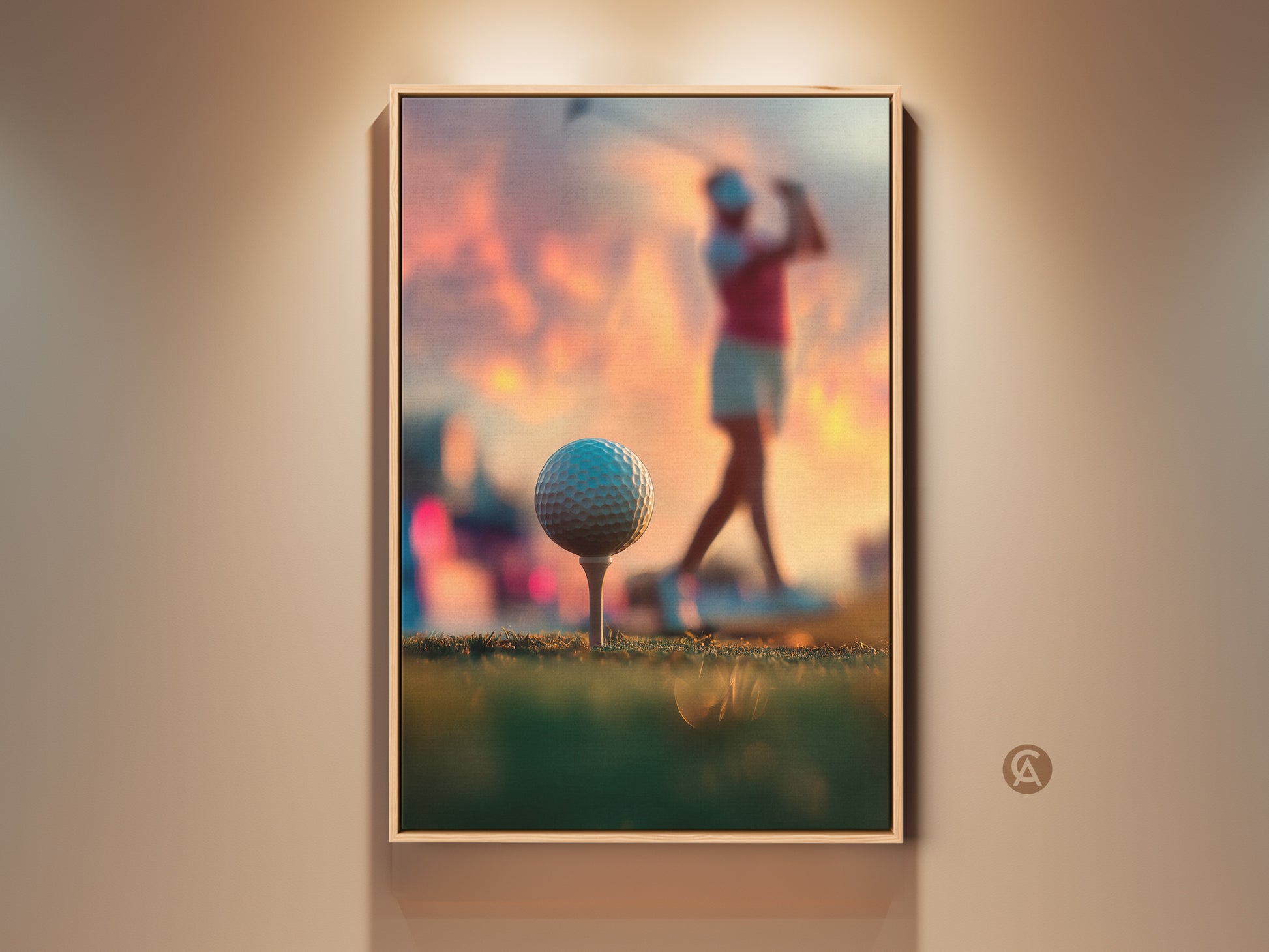 Woman golfer artwork. Golf ball on tee in foreground.  Hazy sunset background. Fine art print for golf enthusiasts. Buy museum-quality framed canvas art online. Add a touch of sports elegance. Perfect for your home or office decor.