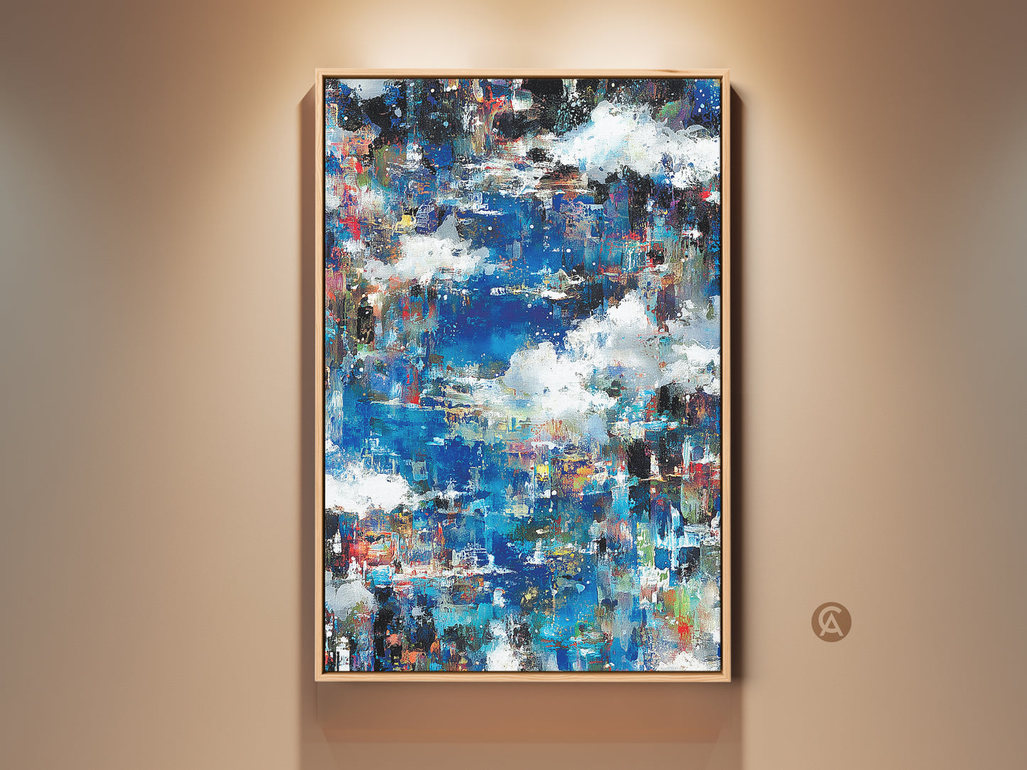 Abstract artwork with blue and white hues. The painting is displayed in a light wood frame. Modern art piece perfect for adding a touch of color to any room. Shop now to elevate your home decor with this unique canvas art.