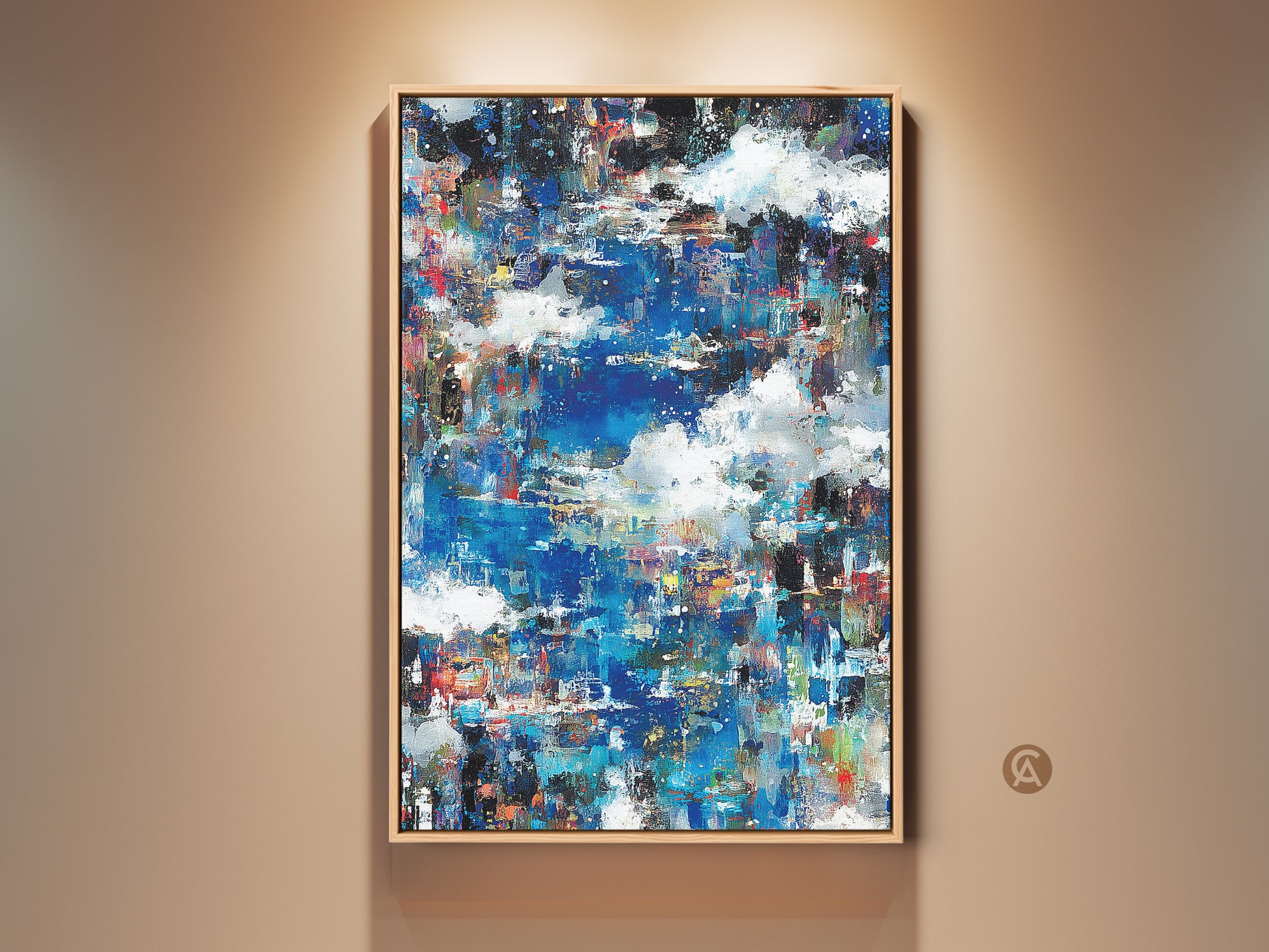 Abstract artwork with blue and white hues. The painting is displayed in a light wood frame. Modern art piece perfect for adding a touch of color to any room. Shop now to elevate your home decor with this unique canvas art.