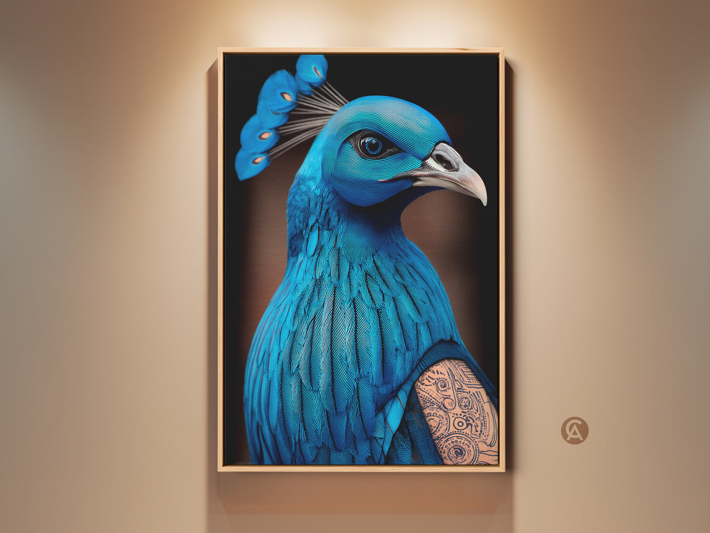Framed surreal peacock artwork in electric blue and cyan tones. This eclectic animal canvas print features a tattoo art style on a gallery wall. Elevate your home with fantasy bird art. A unique housewarming gift for art lovers.