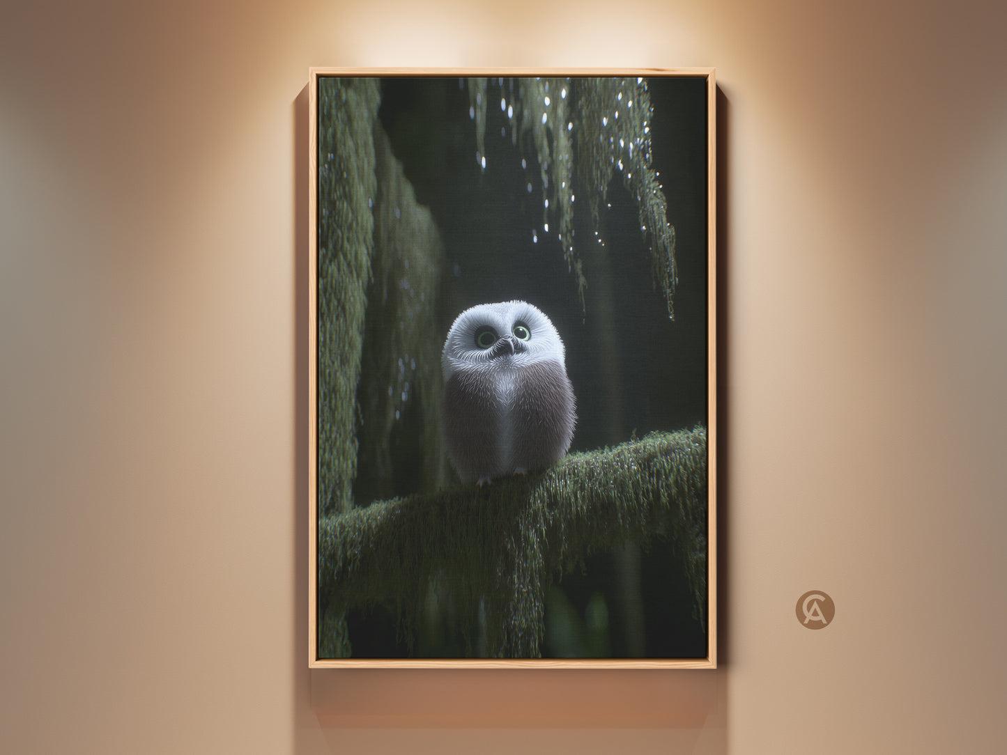 Charming baby owl art print displayed in a cozy room setting. This woodland creature canvas adds a touch of nature to any space. Perfect for nursery or bedroom wall art. The deep green and gray tones create a calming boho atmosphere. A thoughtful gift idea for nature lovers