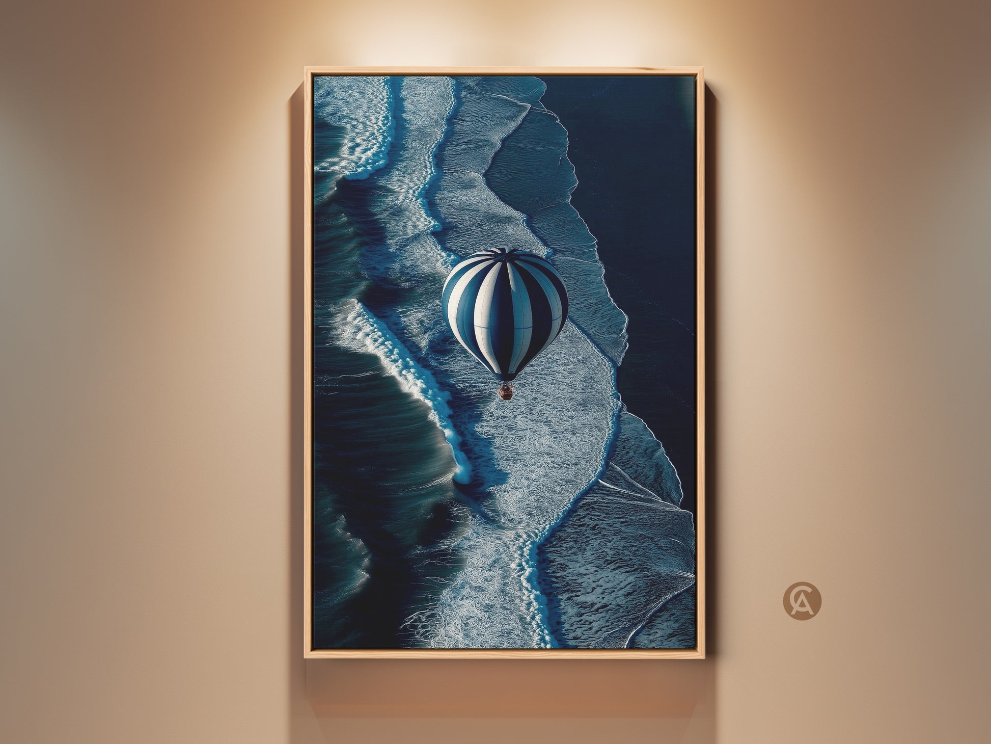 Explore the aerial view of ocean waves art featuring a hot air balloon. This contemporary canvas print showcases navy blue and white decor perfect for travel adventure wall art. Elevate your space with this unique ocean wave wall decor a serene addition to any room.