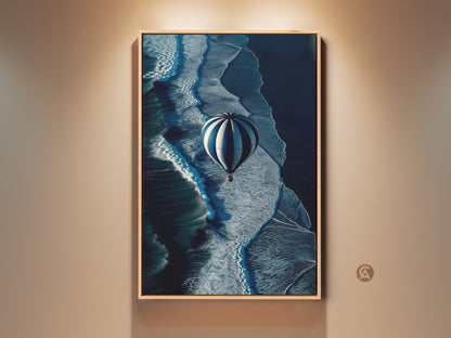 Explore the aerial view of ocean waves art featuring a hot air balloon. This contemporary canvas print showcases navy blue and white decor perfect for travel adventure wall art. Elevate your space with this unique ocean wave wall decor a serene addition to any room.