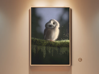 Framed Scandinavian owl art print. It features a baby owl on a mossy branch. This cute woodland nursery decor brings nature wildlife indoors. It's a perfect art gift for animal lovers with soft earth tones.