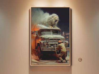 Surreal canvas art showcases a majestic lion atop a vintage fire truck. A firefighter battles the flames. Dark gray white and fiery orange create a dramatic action scene. Perfect eclectic decor for lion or vintage truck lovers. A unique fantasy artwork print for a man cave or office.