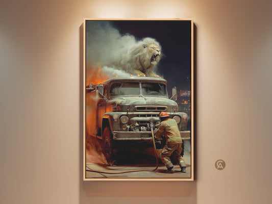Surreal canvas art showcases a majestic lion atop a vintage fire truck. A firefighter battles the flames. Dark gray white and fiery orange create a dramatic action scene. Perfect eclectic decor for lion or vintage truck lovers. A unique fantasy artwork print for a man cave or office.