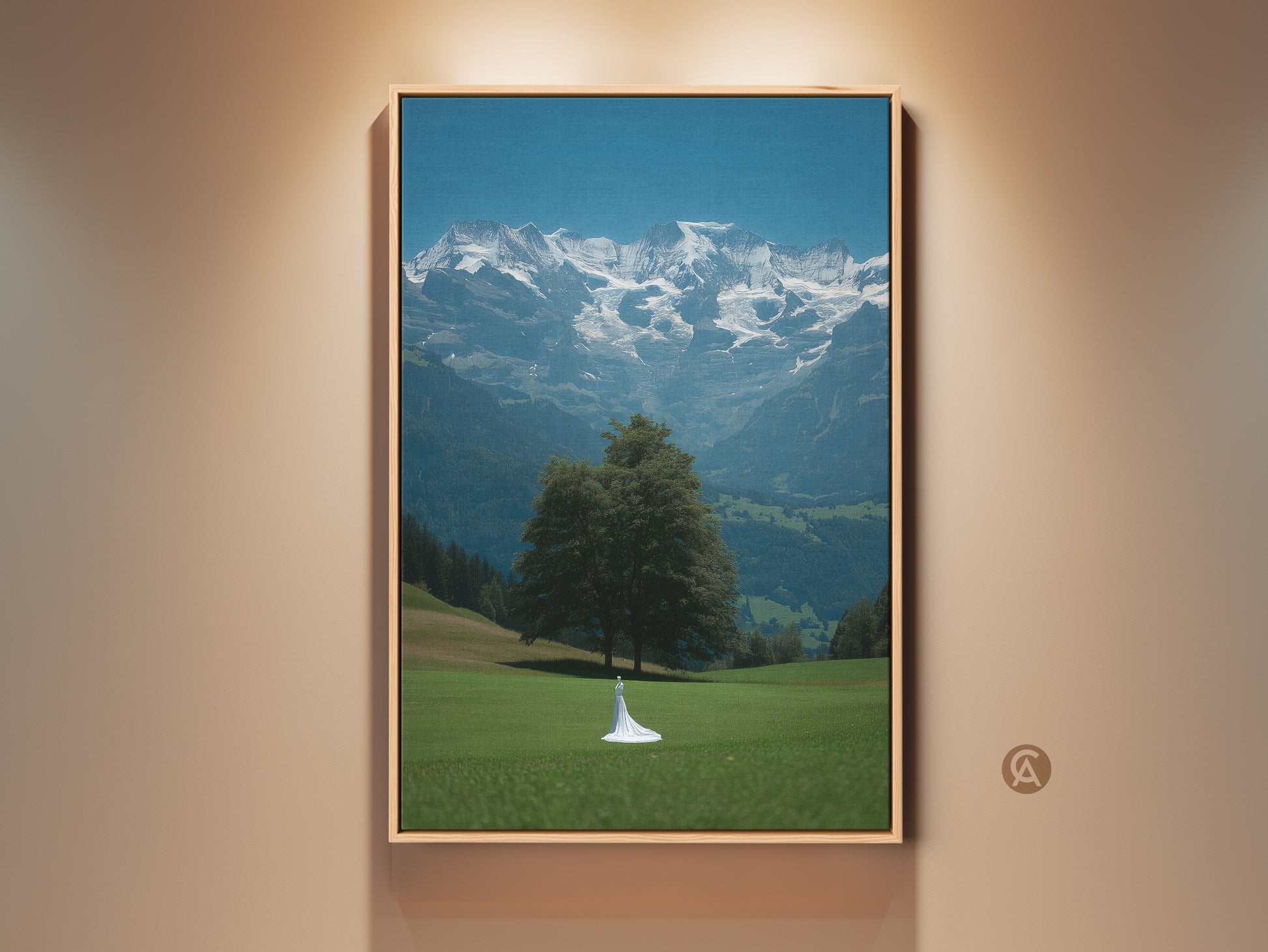 Framed cinematic mountain art print. This fine art canvas features a lone bride figure in nature. It's a wedding gift canvas that brings blue green scenic beauty indoors. Rustic modern wall decor to elevate any space. This contemporary fine art nature print tells a romantic story. Perfect as travel inspired home decor. A stunning piece of wall art.