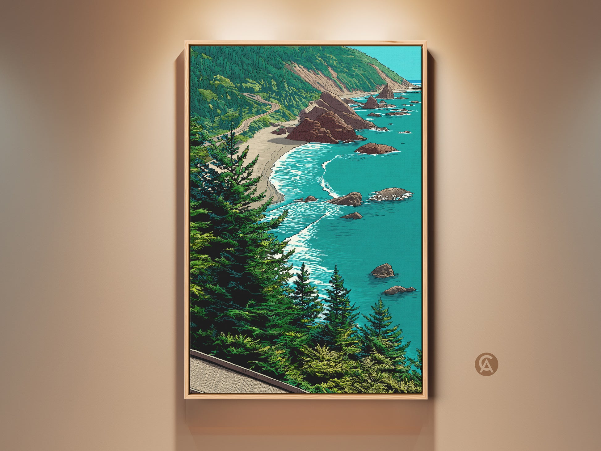 Seaside Landscape Art on canvas. Coastal wall art print featuring an ocean beach artwork with a rocky shoreline. Teal blue and green nature decor creates a calming scene. Perfect for coastal home decor or as a housewarming present for beach lovers. The scenic ocean view canvas brings the beauty of the seaside into any living room or bedroom.