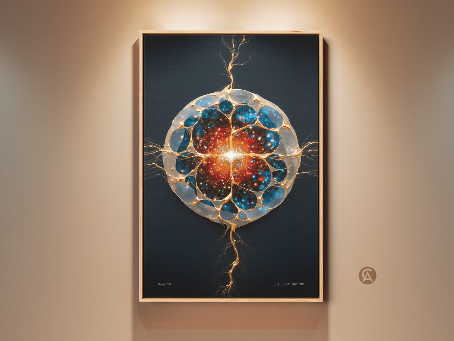 Framed futuristic galaxy canvas art hangs against a neutral wall. This abstract cosmic cell print features blue gold and orange hues. The artwork is a generative piece perfect as wall decor for an office or home. Its contemporary style makes it ideal as a science fiction gift or stargazing present.