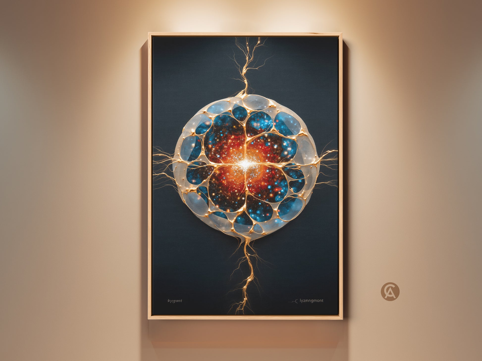 Framed futuristic galaxy canvas art hangs against a neutral wall. This abstract cosmic cell print features blue gold and orange hues. The artwork is a generative piece perfect as wall decor for an office or home. Its contemporary style makes it ideal as a science fiction gift or stargazing present.