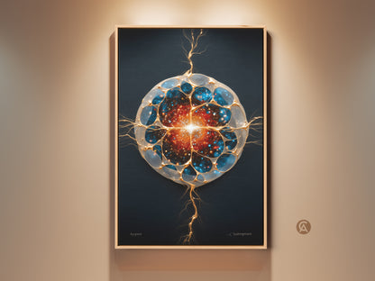 Framed futuristic galaxy canvas art hangs against a neutral wall. This abstract cosmic cell print features blue gold and orange hues. The artwork is a generative piece perfect as wall decor for an office or home. Its contemporary style makes it ideal as a science fiction gift or stargazing present.