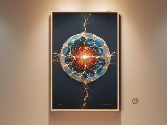 Framed futuristic galaxy canvas art hangs against a neutral wall. This abstract cosmic cell print features blue gold and orange hues. The artwork is a generative piece perfect as wall decor for an office or home. Its contemporary style makes it ideal as a science fiction gift or stargazing present.