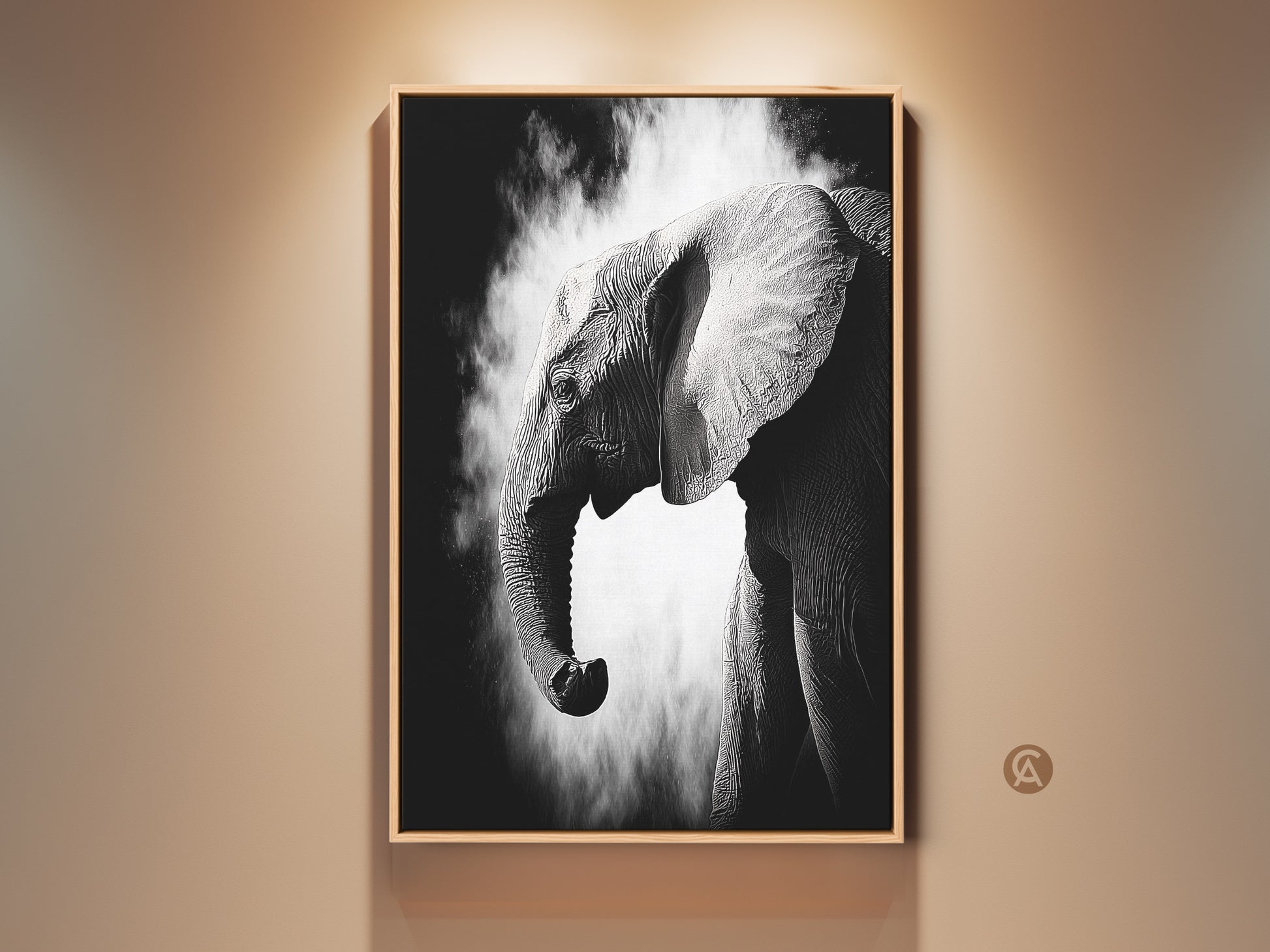 Framed monochrome elephant art print displayed on a wall. This high-contrast wildlife artwork captures the texture of an elephant's trunk. The black and white palette adds a contemporary touch. Perfect animal decor for modern interiors or a unique gift for elephant lovers.