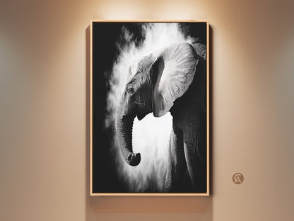 Framed monochrome elephant art print displayed on a wall. This high-contrast wildlife artwork captures the texture of an elephant's trunk. The black and white palette adds a contemporary touch. Perfect animal decor for modern interiors or a unique gift for elephant lovers.