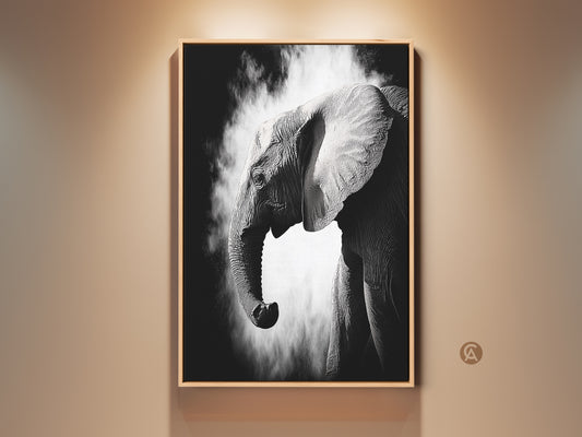 Framed monochrome elephant art print displayed on a wall. This high-contrast wildlife artwork captures the texture of an elephant's trunk. The black and white palette adds a contemporary touch. Perfect animal decor for modern interiors or a unique gift for elephant lovers.