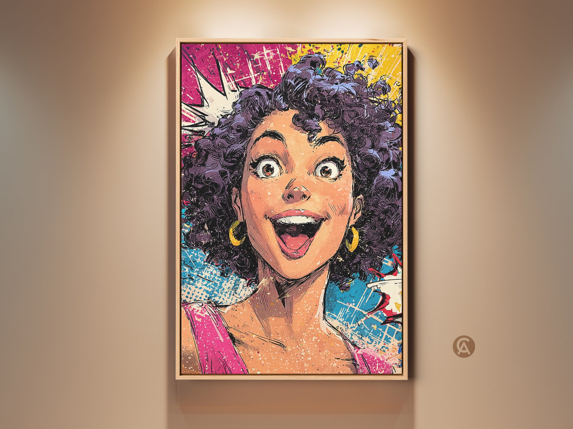 Vibrant pop art woman canvas print in a light wood frame. The artwork features bold comic book style art with pink yellow and blue accents. A perfect gift for any pop culture fan looking to add an eclectic touch to their home decor. The expressive portrait is sure to captivate any room