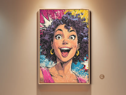 Vibrant pop art woman canvas print in a light wood frame. The artwork features bold comic book style art with pink yellow and blue accents. A perfect gift for any pop culture fan looking to add an eclectic touch to their home decor. The expressive portrait is sure to captivate any room