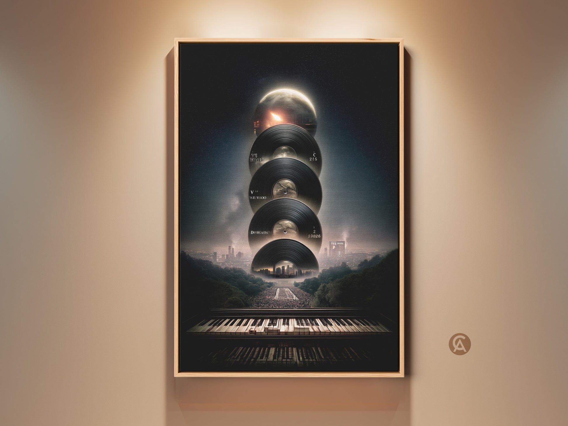 Surreal Music Canvas Artwork featuring vinyl records piano keyboard and cityscape. Conceptual black and grey wall decor makes a unique gift for music lovers. The print on premium canvas is perfect for an office music room or contemporary living space. A great piece for music culture appreciation.
