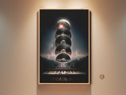 Surreal Music Canvas Artwork featuring vinyl records piano keyboard and cityscape. Conceptual black and grey wall decor makes a unique gift for music lovers. The print on premium canvas is perfect for an office music room or contemporary living space. A great piece for music culture appreciation.