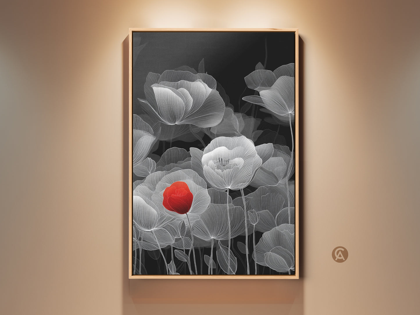Framed abstract botanical line art features a red poppy print. The black and white floral canvas adds a minimalist touch to the home decor. This contemporary artwork enhances any living room with nature-inspired art. It's an elegant wall hanging with a chic floral poster.