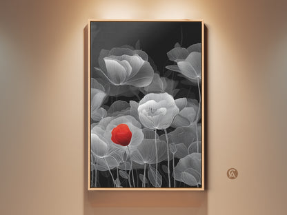 Framed abstract botanical line art features a red poppy print. The black and white floral canvas adds a minimalist touch to the home decor. This contemporary artwork enhances any living room with nature-inspired art. It's an elegant wall hanging with a chic floral poster.