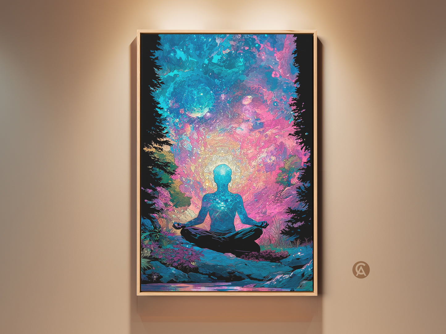 Framed artwork of a meditating figure in lotus position. The piece evokes cosmic spirituality. It features a celestial galaxy backdrop. This wall art adds tranquility to any space. Perfect for meditation rooms or yoga studios. Enhance your home decor with this spiritual art piece.