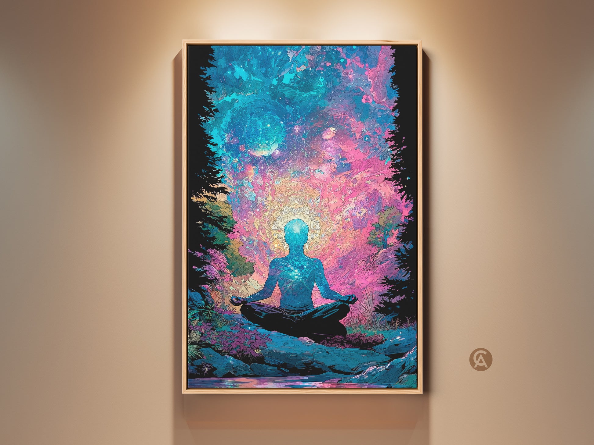 Framed artwork of a meditating figure in lotus position. The piece evokes cosmic spirituality. It features a celestial galaxy backdrop. This wall art adds tranquility to any space. Perfect for meditation rooms or yoga studios. Enhance your home decor with this spiritual art piece.