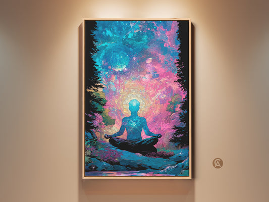 Framed artwork of a meditating figure in lotus position. The piece evokes cosmic spirituality. It features a celestial galaxy backdrop. This wall art adds tranquility to any space. Perfect for meditation rooms or yoga studios. Enhance your home decor with this spiritual art piece.