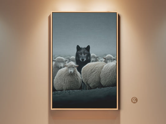 Framed Charcoal Wolf and Sheep Canvas Art. This gothic wildlife art print is perfect for adding dark academia style to your study room or office. A unique gift for animal lovers.
