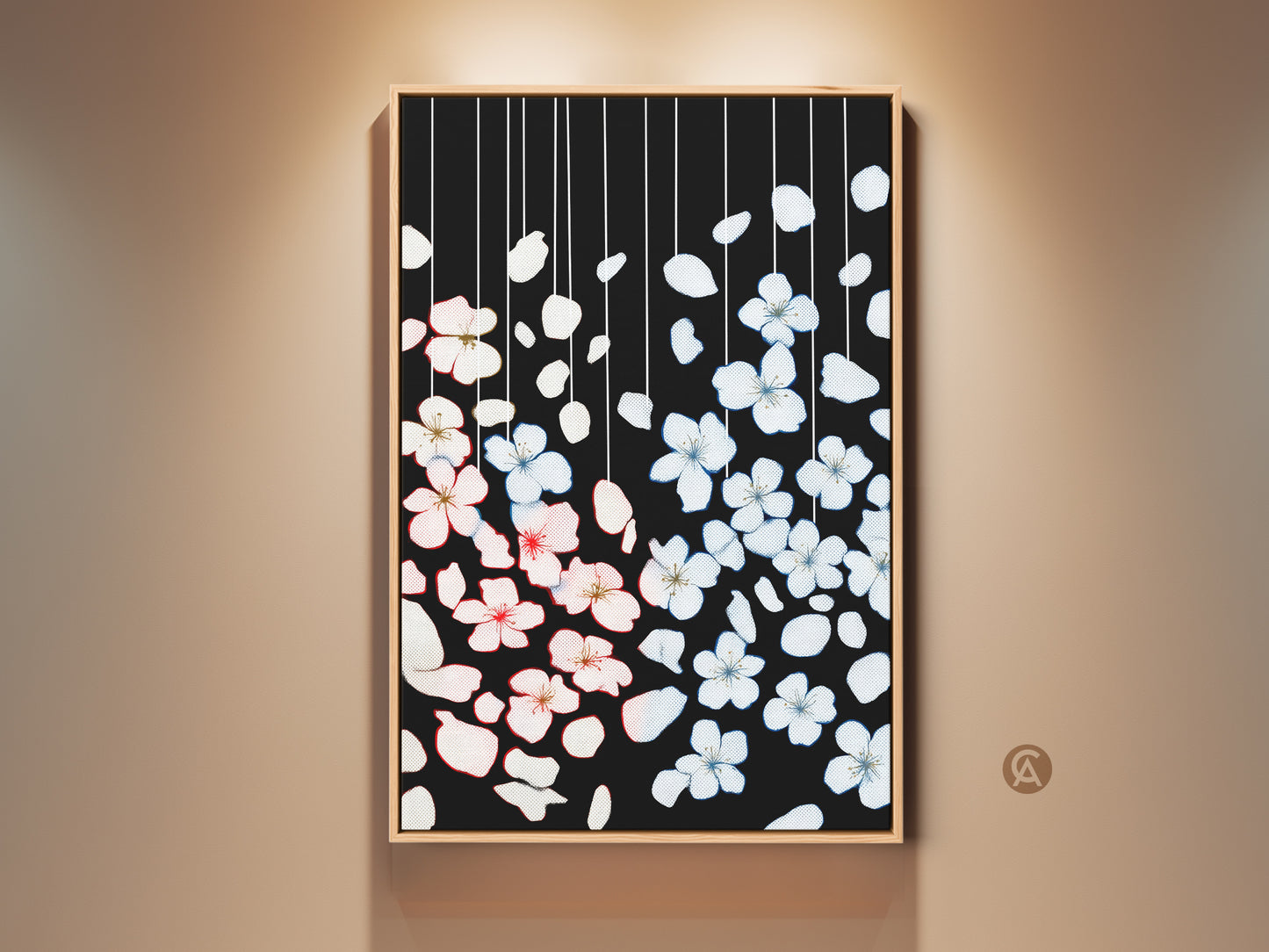 Framed minimalist floral art showcases delicate cherry blossoms. Pink and white petals contrast against a black backdrop. This botanical wall art enhances Scandinavian home decor adding elegance to any space. The artwork is a harmonious blend of nature and modern design suitable for living rooms or offices.