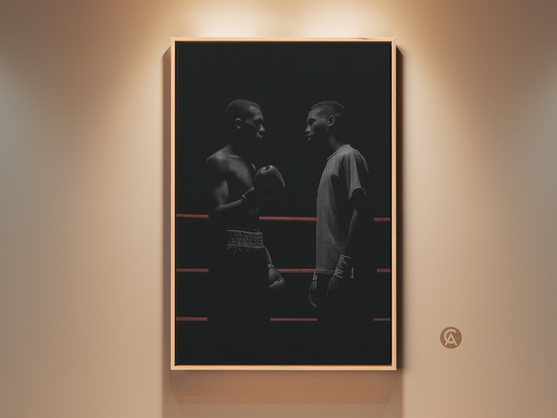 Motivational black and white boxing canvas art in a frame. Two boxers face off in a boxing ring. This minimalist boxer artwork is ideal for industrial loft decor. A unique sports enthusiast wall decor for a home gym or office workspace. A striking piece of athlete motivation art.