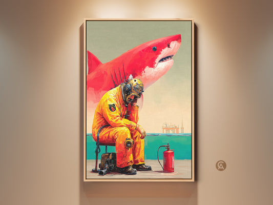 Surreal Retro Diver and Shark Canvas Print in a Wooden Frame. Features a diver in yellow with a red shark backdrop. Unique ocean industrial art for eclectic home decor. Perfect for office wall decor or an ocean lover birthday gift.