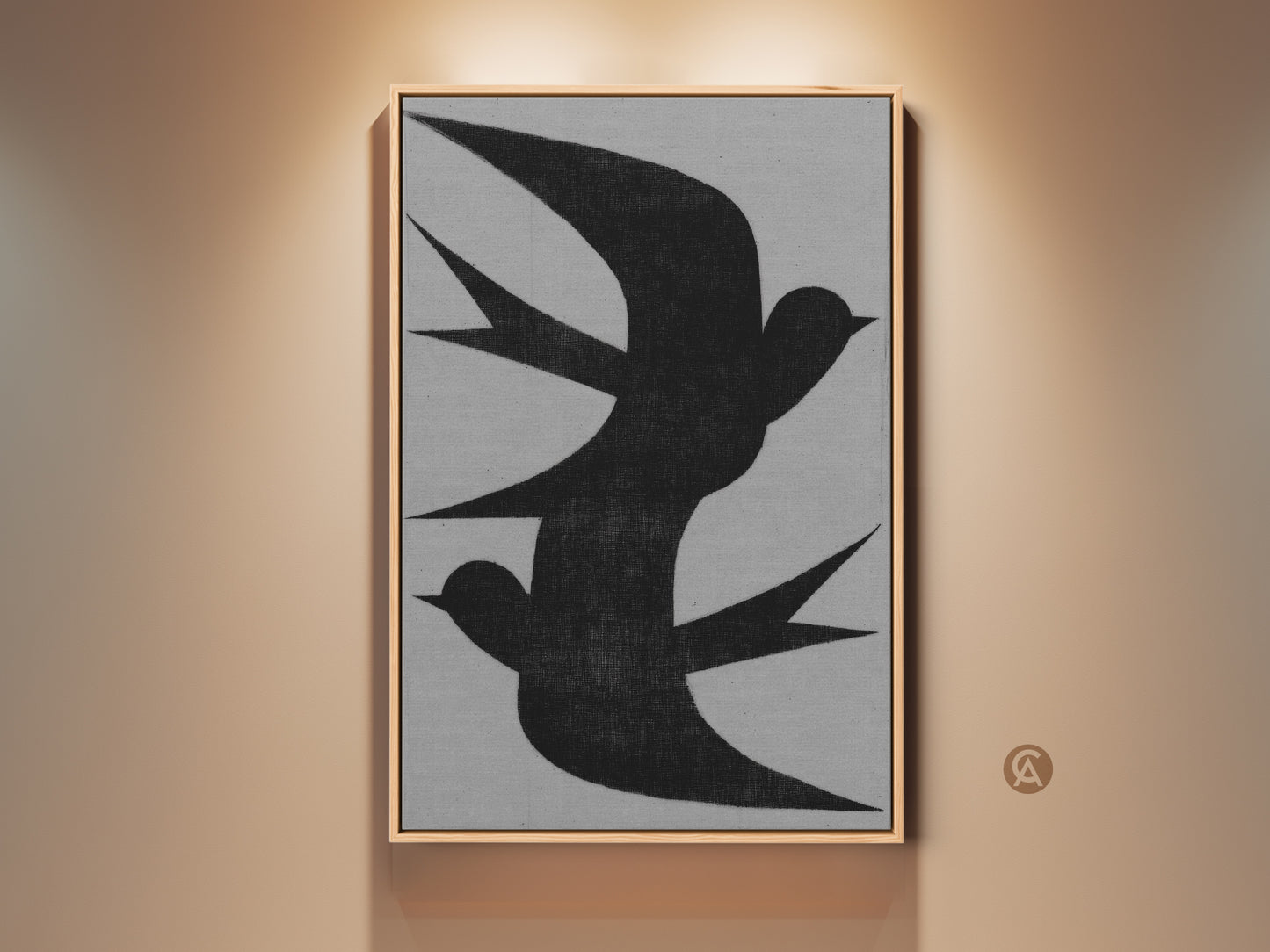 Framed minimalist wall art featuring an abstract black swallow flock. The charcoal artwork is a canvas print. This modern grey nature decor is for bedroom wall hanging art. Consider this housewarming gift canvas for minimalist home decor. This abstract artwork of birds will create a neutral bedroom aesthetic.