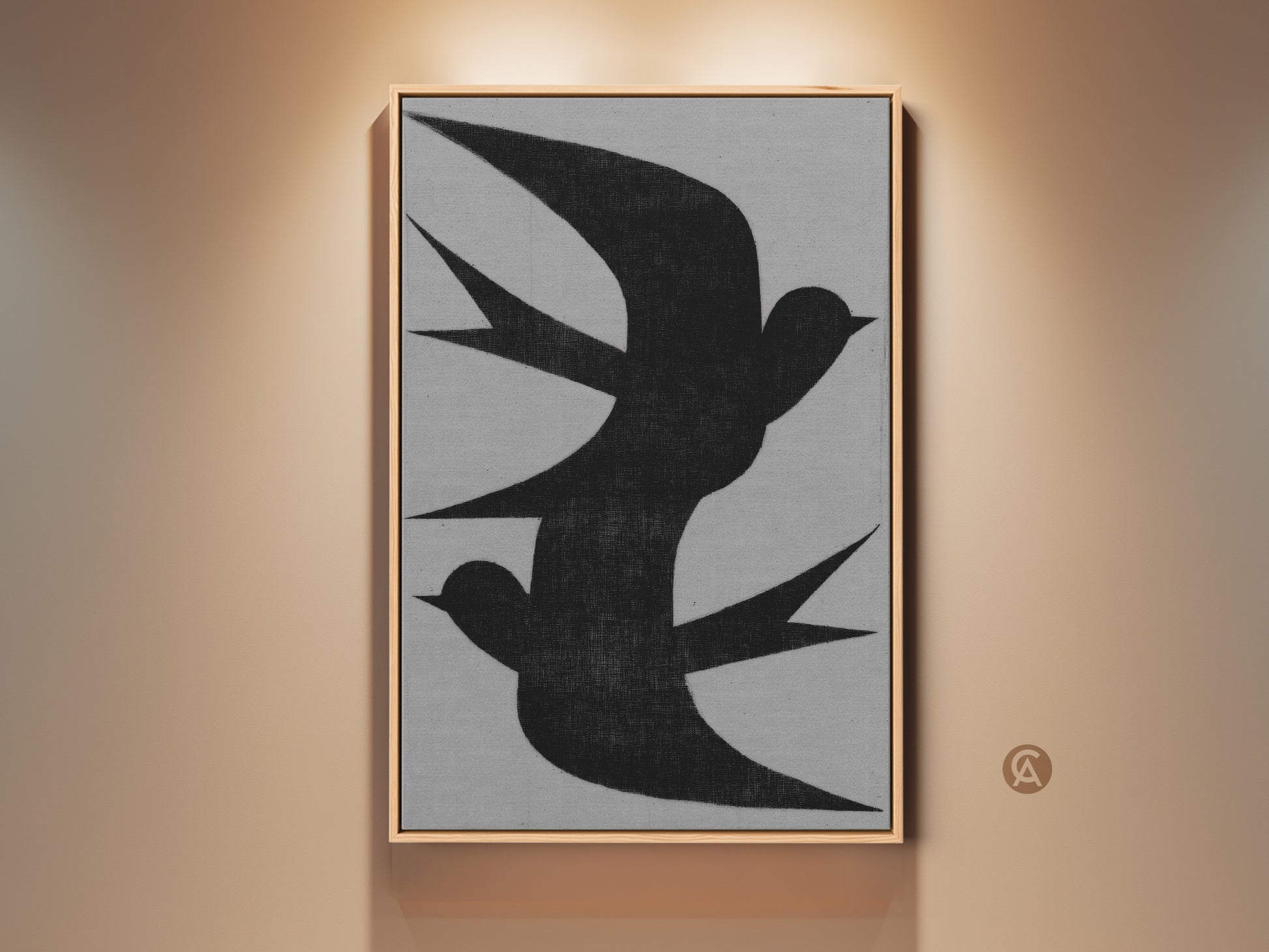 Framed minimalist wall art featuring an abstract black swallow flock. The charcoal artwork is a canvas print. This modern grey nature decor is for bedroom wall hanging art. Consider this housewarming gift canvas for minimalist home decor. This abstract artwork of birds will create a neutral bedroom aesthetic.