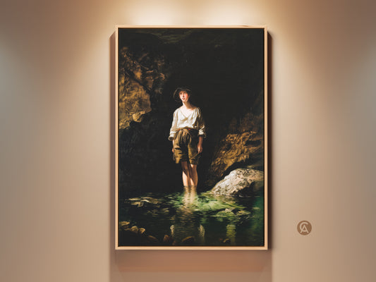 Classical realism art print featuring a boy in a river landscape. This traditional artwork brings old masters style to your wall decor. Perfect gift for classical art lovers. The artwork enhances home & residential spaces offering historical charm and natural beauty.
