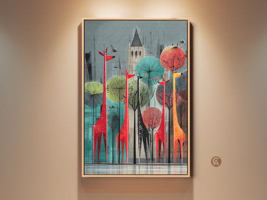This is an abstract giraffe artwork print. It has a Mid-Century Modern Retro style. The art features giraffes amidst trees and cityscapes. Find eclectic animal decor in orange teal and red. This makes unique wall art for home decor.