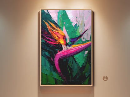 Framed boho Bird of Paradise artwork on a beige wall. This botanical art print features tropical leaves in green orange and pink. Ideal bedroom decor or a unique housewarming gift.