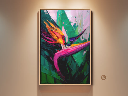 Framed boho Bird of Paradise artwork on a beige wall. This botanical art print features tropical leaves in green orange and pink. Ideal bedroom decor or a unique housewarming gift.
