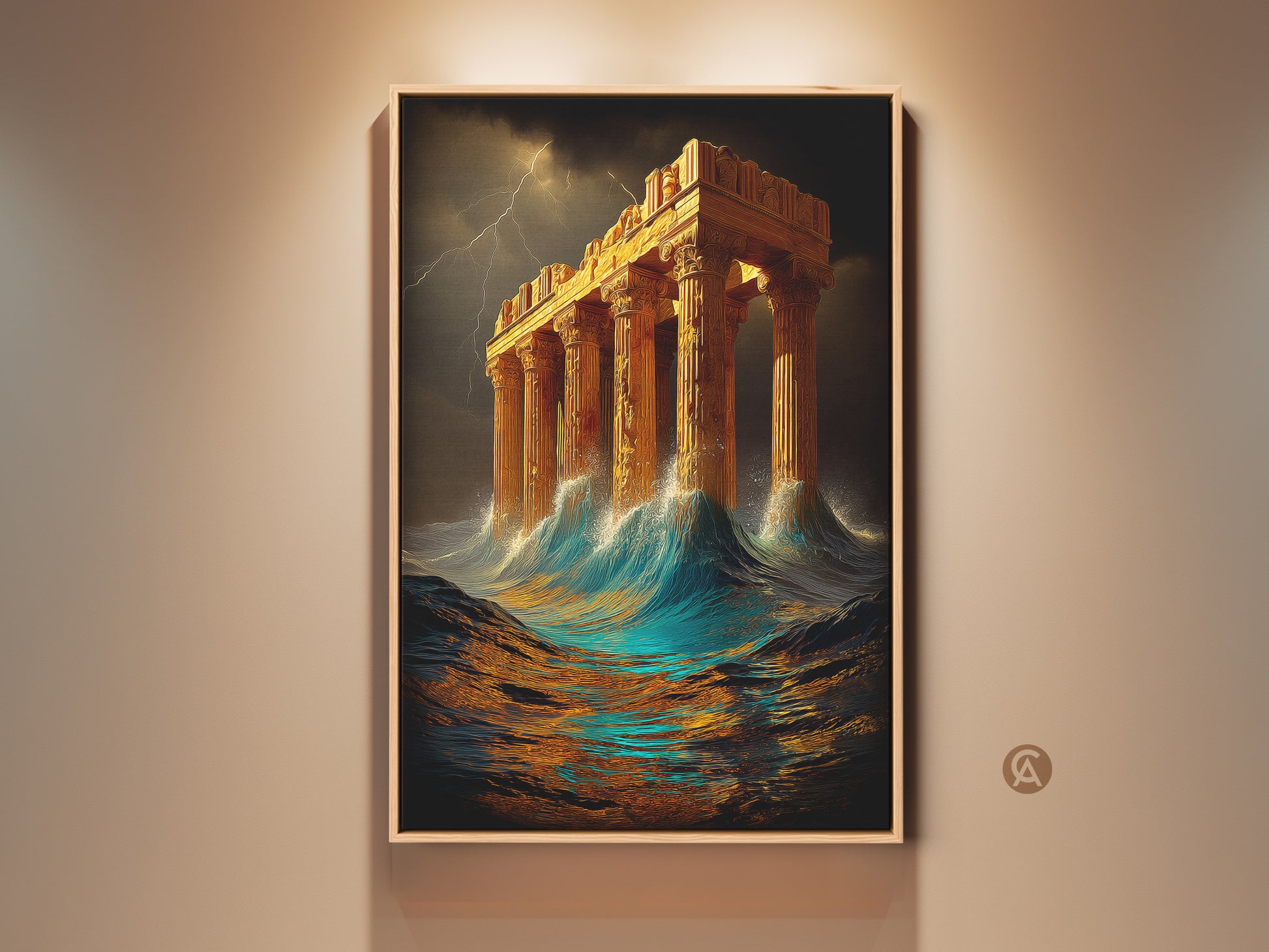 Framed Stormy Sea Greek Temple Canvas Art. Golden architecture meets nature in this mythology art print. Eclectic home decor perfect as a housewarming gift. This surreal seascape canvas adds a grand touch to any residential setting.
