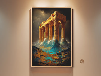 Framed Stormy Sea Greek Temple Canvas Art. Golden architecture meets nature in this mythology art print. Eclectic home decor perfect as a housewarming gift. This surreal seascape canvas adds a grand touch to any residential setting.